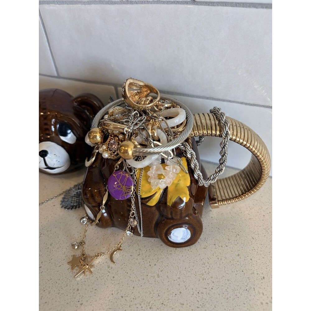 Vintage Mystery Jewelry Jar In VTG Teddy Bear Jar Mixed Metal Gold Silver Pearl - Picture 2 of 7